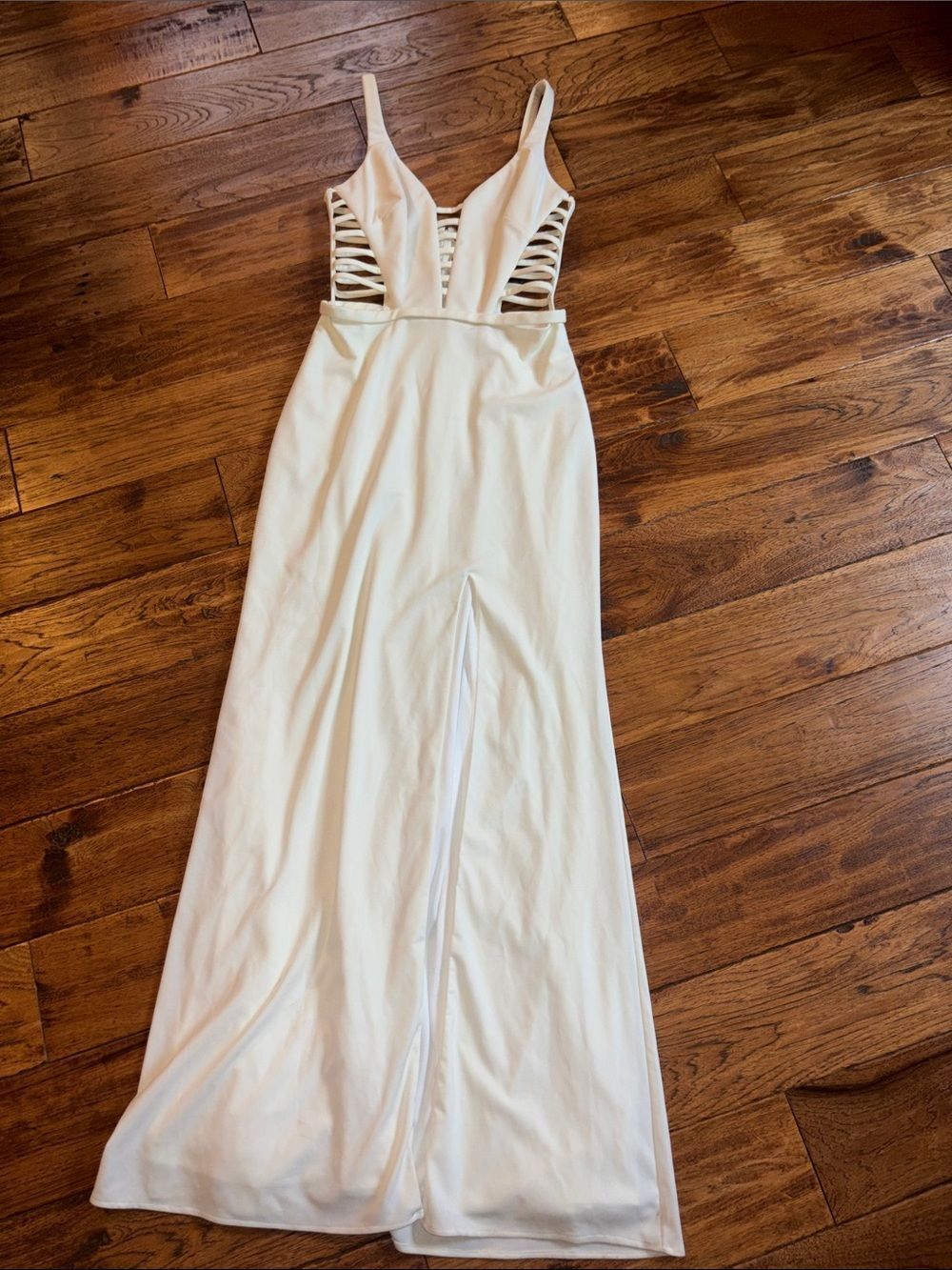 La Femme Cream Strappy Plunge Evening Dress
